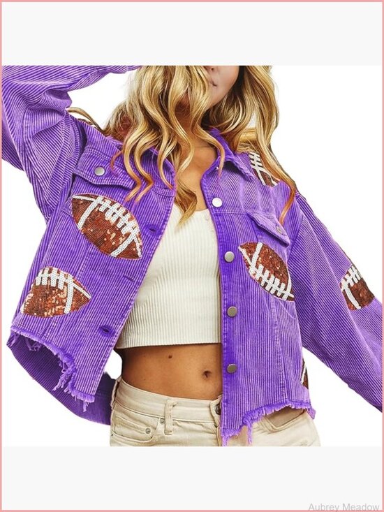 Jackets & Blazers - Cropped Corduroy Jacket Sequin Patch Button Down Raw Hem Coat